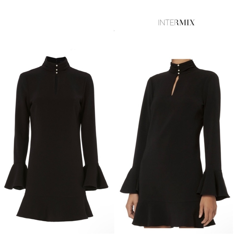 Intermix Kiki Faux Pearl Button Neckline Bell Long Sleeve Dress